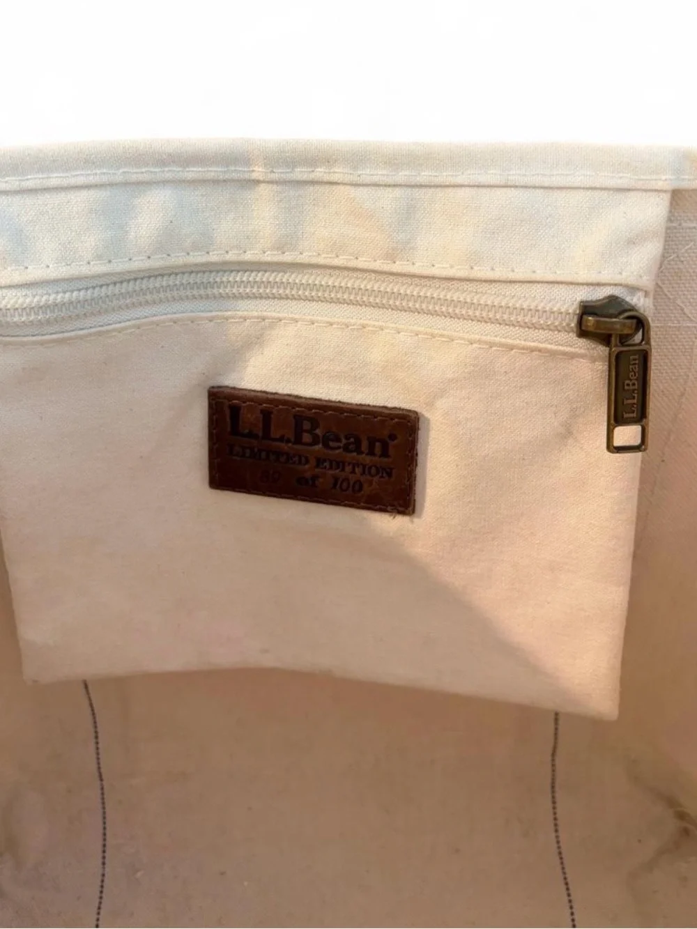 L.L.Bean Limited Edition (only 100 made) cream canvas tote,brown leather handles